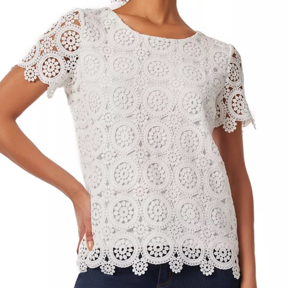 Jones New York Women's White Lace Blouse Top 2X Short Sleeve Relaxed Boxy